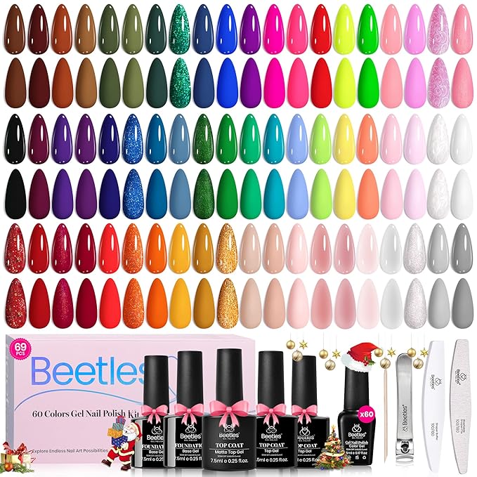 Beetles Gel Nail Polish Set - Style Manifesto 60 Colors Winter Uv Gel Polish Kit Jelly Brown Glitter Nude Pink White Red Blue Green Color Nail Polish Base &Glossy Matte Top Coat Gift for Her Women