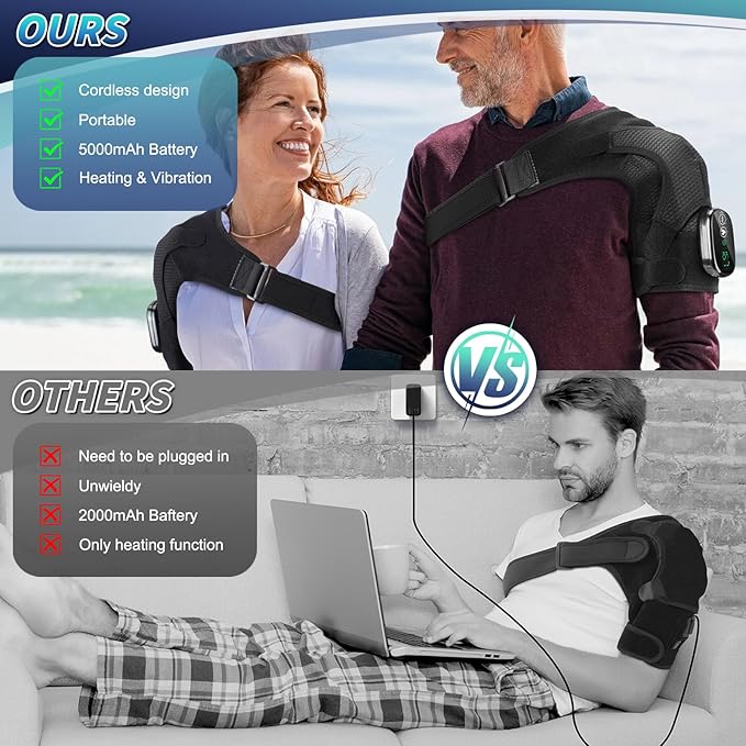 Cordless Shoulder Heating Pad, Heated Shoulder Wrap with Vibration, Shoulder Massager Heated Shoulder Brace for Pain Relief, for Women Men(Black)