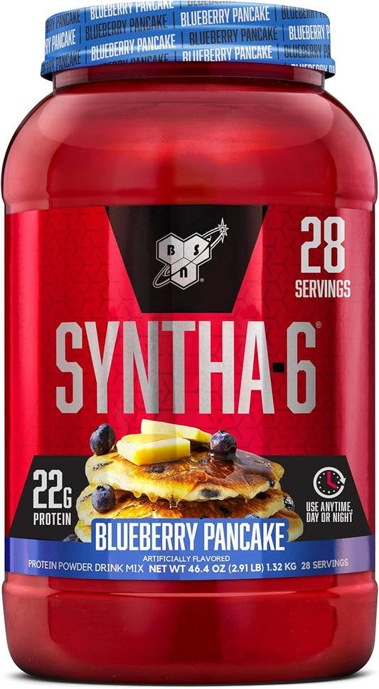 BSN SYNTHA-6 Premium Protein Powder with 6g of Fiber, Whey Protein, Micellar Casein, Milk Protein Isolate Blend, 5g Fat, Blueberry Pancake, 28 Servings (Packaging May Vary)