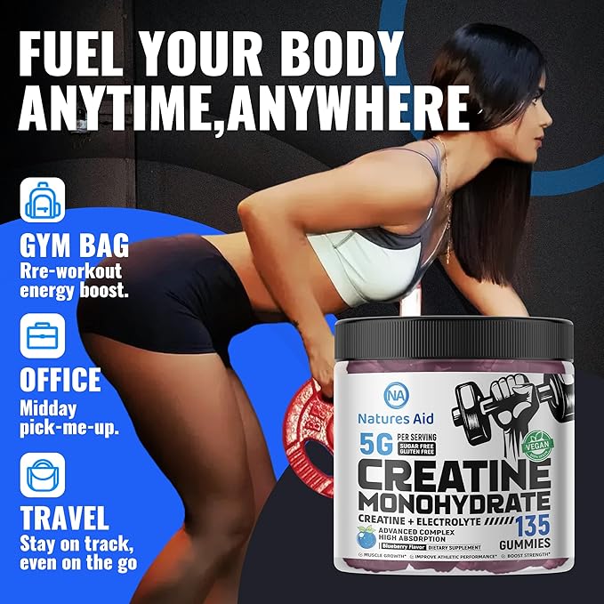 Natures Aid Creatine Monohydrate Gummies (5g) – Pre-Workout Energy & Muscle Growth Support for Men & Women | Blueberry Electrolyte Gummies (135 Count)