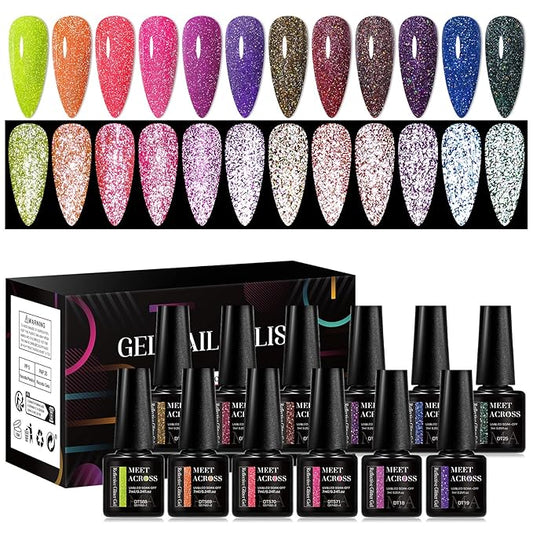 MEET ACROSS Reflective Glitter Gel Nail Polish Set for Christmas Nails 12 Colors Including Pink Red Purple Holographic Gel Polish Kit UV LED Soak Off Nail Polish Home DIY Manicure Nail Salon Varnish