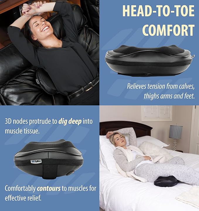 Zyllion Shiatsu Back and Neck Massager with Heat - 3D Electric Kneading Deep Tissue Massage Pillow with 8 Massaging Nodes for Muscle Pain Relief, Black, ZMA-25