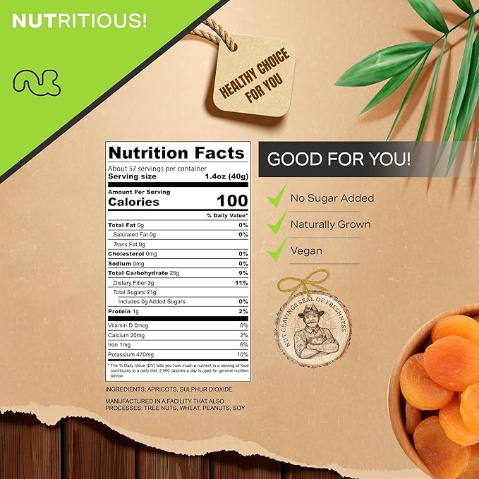 NUT CRAVINGS - Sun Dried Turkish Apricots, No Sugar Added, Unsweetened (80oz, 5 LB, Bulk) Bulk Dry Fruits Packed Fresh in Resealable Bag - Sweet Healthy Snack, Naturally Grown, Vegan, Kosher