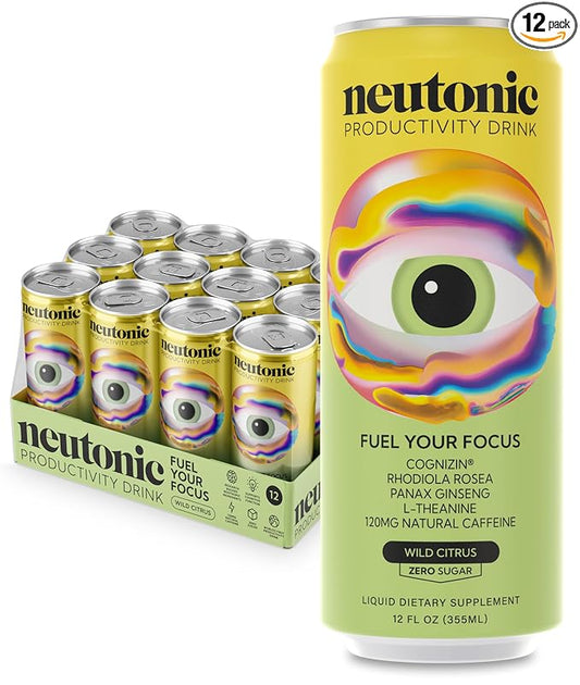 Neutonic Nootropic Productivity Energy Drink | Wild Citrus 12 Cans | 120mg Natural Caffeine, Zero Sugar | Support Memory, Mental Clarity, Cognitive Function | Boost Focus, Energy, Brain Health