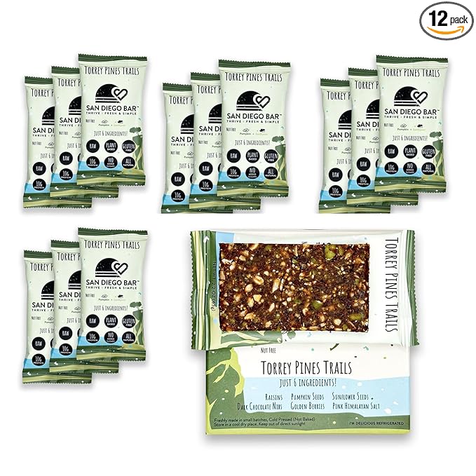 San Diego Bar | Raw, Vegan, Gluten & Soy Free Nutrition Meal Bar with No Added Sugars - 10g Protein from Only 6 All Natural Whole Food Ingredients. Torrey Pines Trails Pumpkin + Sunflower Seeds Nut Free ( 2.22 Oz Energy Bars, 12 Pack)