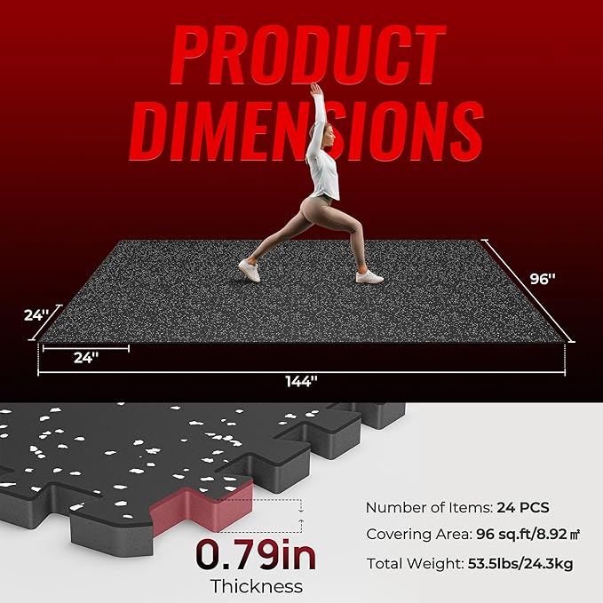 SUPERJARE 0.79'' Extra-Thick Exercise Equipment Mats, 24 Pcs 96 Sq Ft Rubber Top Floor Tiles with High Density EVA Foam, Interlocking Gym Flooring for Home Gym, Workout Mat, Black/Grey