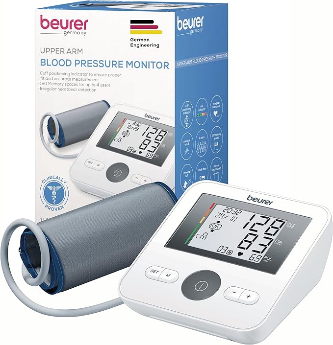 Beurer BM27 Upper Arm Blood Pressure Monitor for Home Use with Adjustable Cuff, Data Transfer to Apple Health and co., 120 Memory Sets, Irregular Heart Rate Detection, Risk Indicator