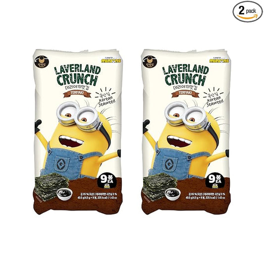 Laverland Crunch Seaweed Snack Teriyaki Flavor 18 Count (2 Packs), Korean Roasted Seaweed, Low Calorie, Vegan and Keto friendly, Gluten Free.