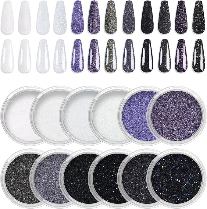 Laza 12 Colors Nail Glitter Powder Shining Sugar Effect Glitter Black White Dust Sand Powder Candy Coat Manicure Nail Art Decoration for Nail Art Tips Decoration DIY Crafts