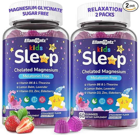 Kids Sleep Gummies, NO Melatonin Sleep Aid Gummies w/Magnesium Glycinate, Magnesium Malate, L-Theanine, Lavender, B6, Zinc, D3K2 for Restful Sleep, Relax Brain & Muscle, Immune Support, Non-GMO 2Pack