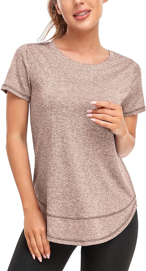 Women's Short Sleeve Workout Shirts Crewneck Sports Yoga Running Dry Fit Tops Side Split Tee