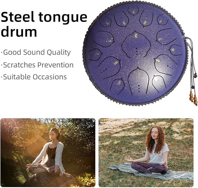 14 Inch 15 Notes D Major Steel Tongue Drum,Premium Adult's Music Hand Drum Instrument,Clean Clear Ethereal Sounds,Purple