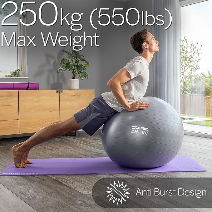 Core Balance Exercise Ball for Workouts, Anti-Burst and Slip Resistant, Swiss Yoga Ball for Pregnancy, Stability, Fitness and Physical Therapy, 4 Sizes, with Pump