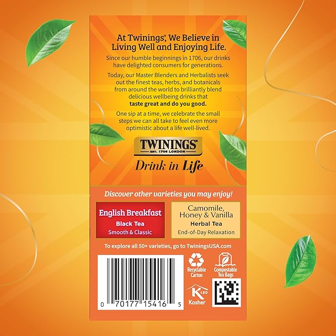 Twinings Ceylon Pure Black Tea Individually Wrapped Bags, 20 Count (Pack of 1), formerly Ceylon Orange Pekoe, Crisp, Refreshing, Caffeinated, Enjoy Hot or Iced, 20 Teabags