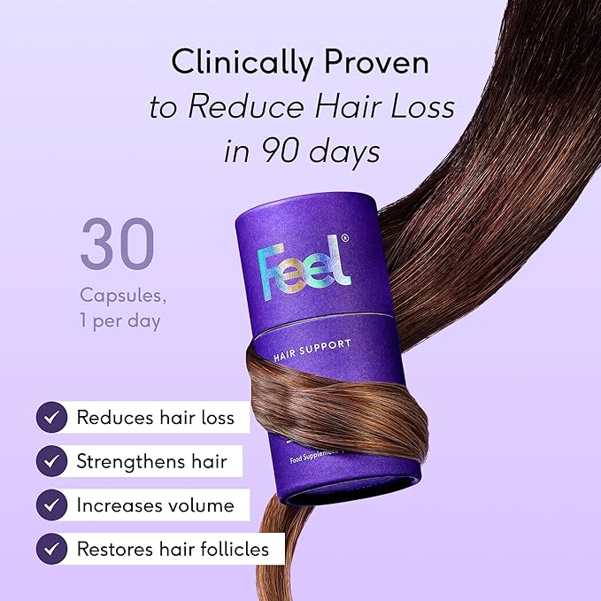 Feel Hair Support, Natural Support for Female Hair loss and Thinning Hair, Vegan, Contains Biotin and Rosemary Oil, 30 Capsules