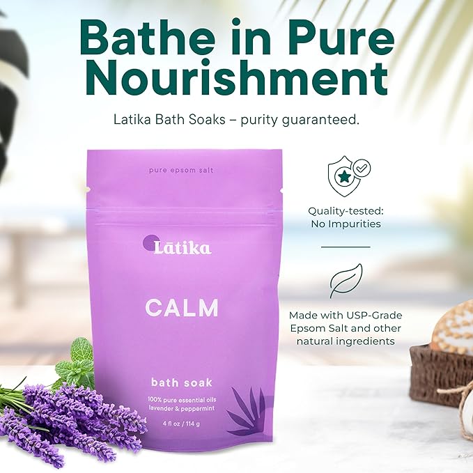 Latika Soaks Set of 3 - Calm Bath Soaks with Lavender & Peppermint, Moisturizing Epsom Salt Soak for Stress Relief, Relaxation, and Skin Nourishment, at-Home Spa Retreat Gift