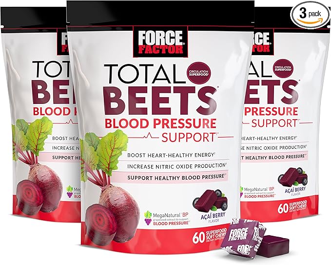 Force Factor Total Beets Blood Pressure Support Supplement with Beets Powder, Great-Tasting Chewables for Heart-Healthy Energy, and Increased Nitric Oxide, 180 Chews, 3-Pack