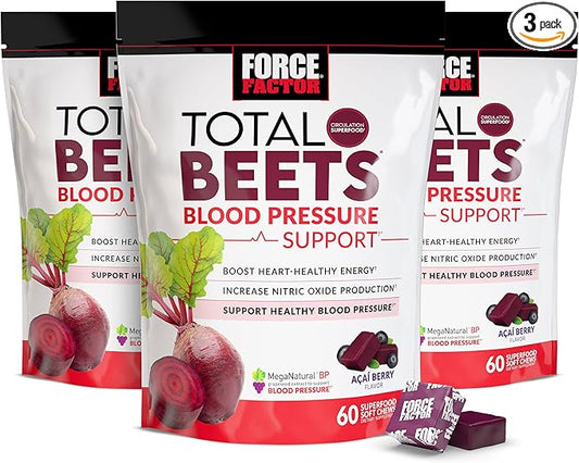 Force Factor Total Beets Blood Pressure Support Supplement with Beets Powder, Great-Tasting Chewables for Heart-Healthy Energy, and Increased Nitric Oxide, 180 Chews, 3-Pack