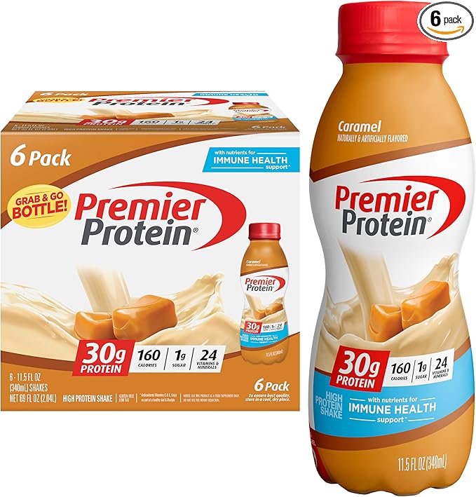Premier Protein Shake, Caramel, 30g Protein 1g Sugar 24 Vitamins Minerals Nutrients to Support Immune Health, 11.5 fl oz (Pack of 6)