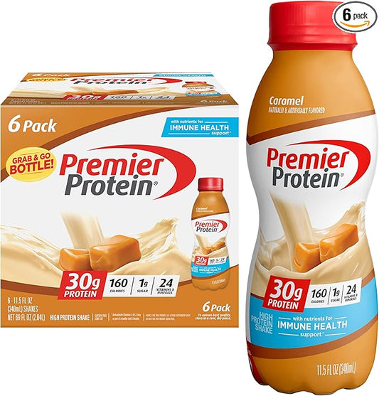 Premier Protein Shake, Caramel, 30g Protein 1g Sugar 24 Vitamins Minerals Nutrients to Support Immune Health, 11.5 fl oz (Pack of 6)