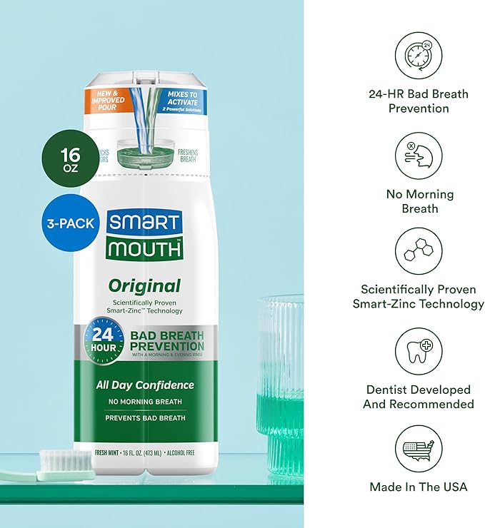 SmartMouth Original Activated Mouthwash - Adult Mouthwash for Fresh Breath - Oral Rinse for 24-Hour Bad Breath Relief with Twice Daily Use - Fresh Mint Flavor, 16 fl oz (3 Pack)