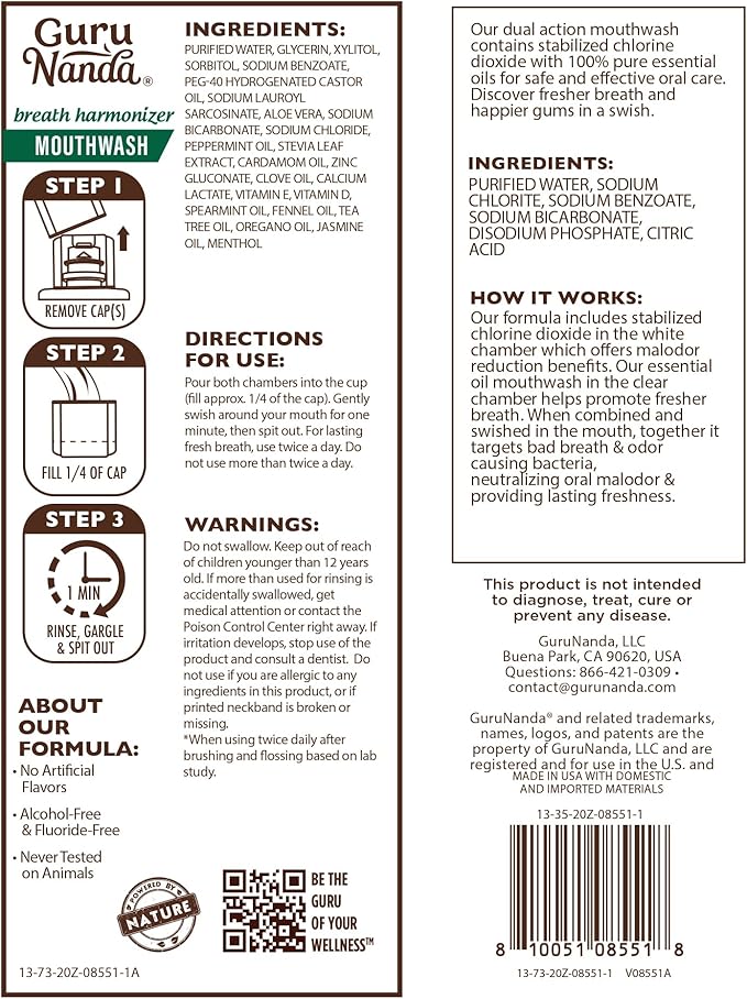 GuruNanda Dual Barrel Breath Harmonizer Mouthwash - Freshens Breath - Alcohol & Fluoride Free with Sodium Chlorite & Essential Oils - Wild Mint Flavor, 3 Pack