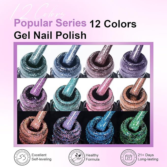 MEET ACROSS Reflective Glitter Gel Nail Polish, Shimmery Gel Polish Set 12 Pcs Sparkly Shiny Gel Soak Off UV LED Nail Art Varnish Manicure Kit DIY at Home