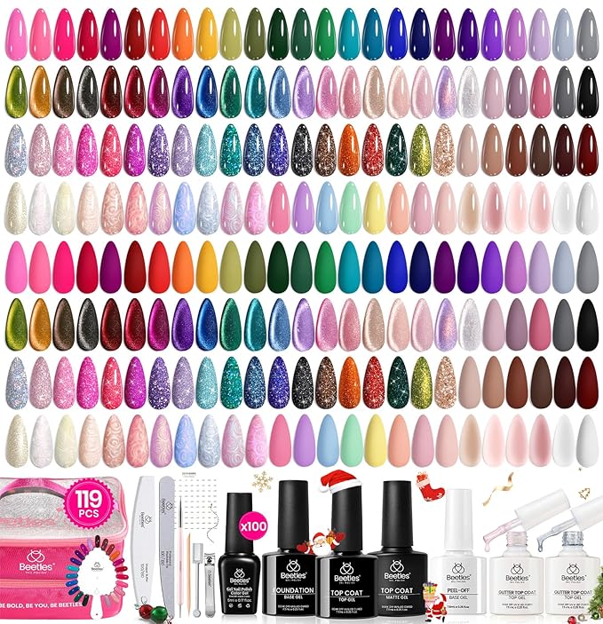 Beetles Nail Nook Gel Nail Polish Set - 119 PCS 100 Colors Gel Polish Kit Base Glossy Matte Glitter Top Coat Glitter Pearl Cat Eye White Red Pink Nude Uv Led Nails Gift for Women