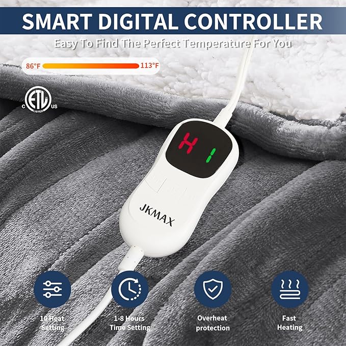 Heated Electric Blanket Queen Size - 84"x90" Flannel Heating Blanket with 10 Heating Levels & 5 Time Settings Over-Heat Protection, Winter Warmer for Adults with ETL Certification（Grey）