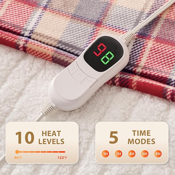 Homemate Electric Blanket Heated Throw - 50x60 Ultra Soft Cozy Flannel Heating Blanket with 10 Fast Heat Levels 8 Hours Auto Off Over-Heated Protection ETL Certification Keep Warm in Home Office