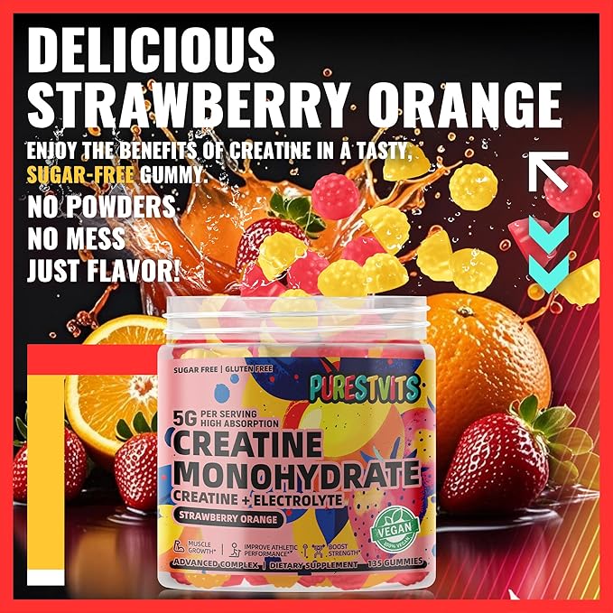 Creatine Monohydrate Gummies (5g) – Pre-Workout Energy & Muscle Growth Support for Men & Women | Strawberry Orange Electrolyte Gummies (135 Count)