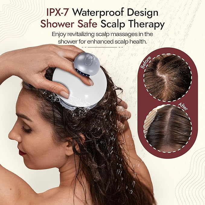 Electric Scalp Massager Hair Care w/ 4 Massage Modes & Oil Compartment - Head Massager Scalp Comfort - Removable Silicone Heads, Rechargeable, Soothing Sensation - Portable Cordless Scalp Massager
