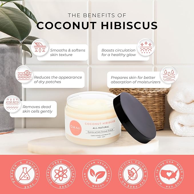 DANI Naturals Exfoliating Sugar Scrub - Coconut Hibiscus, made with organic cane sugar and shea butter, gently exfoliates and deeply hydrates for smooth, radiant skin – 14 oz