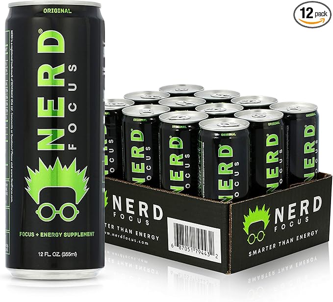 Nerd Focus Original Energy Drink 12 Pack - Mind Boosting Nootropics, Essential Vitamins & Minerals | Refreshing Performance Beverage | Focus, Concentration, Mental Clarity | Vibrant Flavor - 12 fl. oz Cans