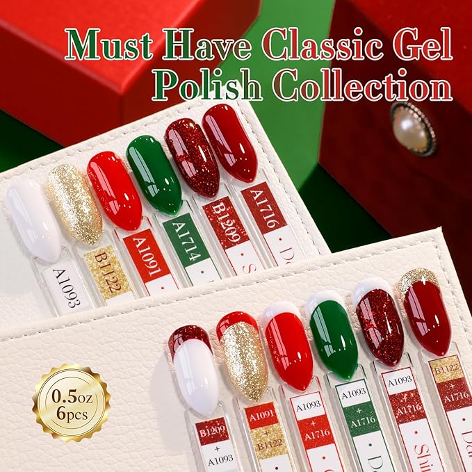 Double Rhythm 6 Pcs 15 ML Gel Polish Set Same Color Same Bottle Soak Off Gel Polish Kit Nail Art Manicure Salon DIY at Home for Women (Glitter Burgundy Red Gold Green White-T6-70)