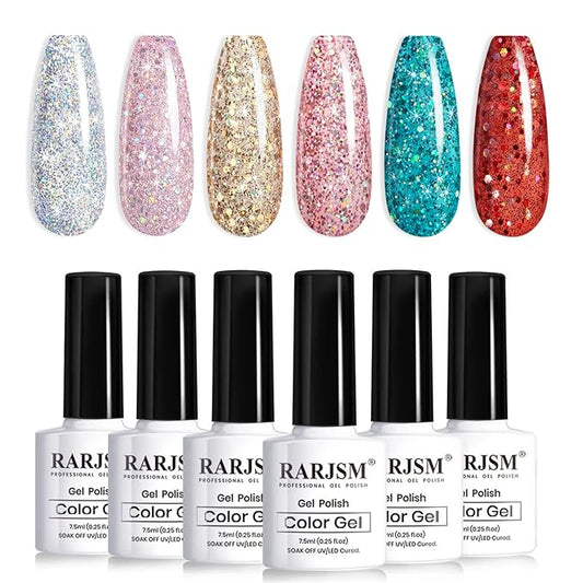RARJSM Glitter Gel Nail Polish Set of 6 Colors Diamond Silver Sparkly Holographic Champagne Gold Iridescent Red Chunky Pigments Gel Polish Soak off Led UV Curing Required for Nail Salon Manicure