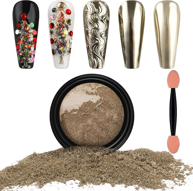 Artdone Chrome Nail Powder, Pale Gold Iridescent Aurora Powder Metallic Mirror Effect Pigment Pearlescent Mermaid Pigment Pearl Glitter Dust Kit, Nail Art Decoration, Resin Craft