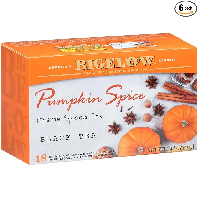 Bigelow Tea Pumpkin Spice Black Tea, Caffeinated Tea with Pumpkin Pie Flavor, Holiday and Christmas Tea, 18 Count Box (Pack of 6), 108 Tea Bags Total
