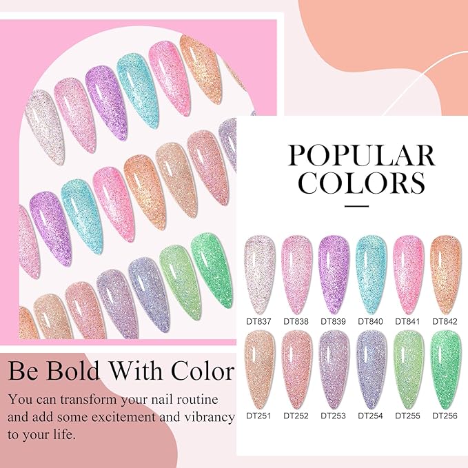 MEET ACROSS Gel Polish Reflective Glitter Gel Nail Polish Set, 12 Colors Holographic Sparkle Glitter Gel, Flash Diamond Gold Red Purple Green UV LED Soak Off Manicure Kit Gift for Women Girls