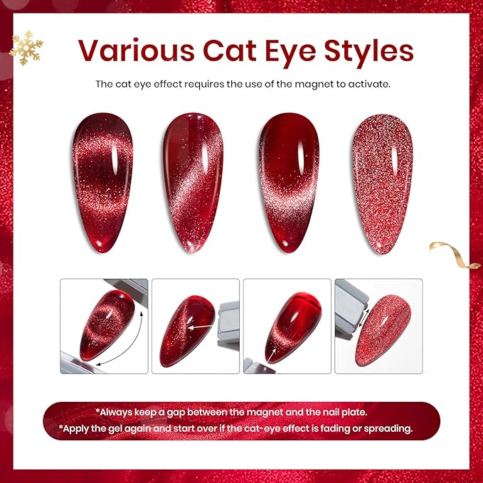 Beetles Cat Eye Gel Nail Polish Set, 6 Colors Christmas Gel Polish Kit Glitter Red Pink Shiny Brown Burgundy Purple Blue Green Magnetic Effect Sparkle Stunning Soak Off UV Manicure Gifts for Women