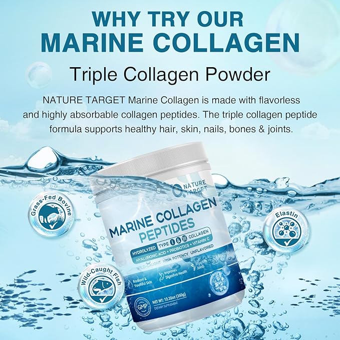 NATURE TARGET Marine Collagen Peptides Powder - Type I & III Collagen with Probiotics, Vitamin C & Hyaluronic Acid for Skin, Hair, Nails, Wild-Caught Fish & Grass-Fed Bovine, 35 Servings (Pack of 2)