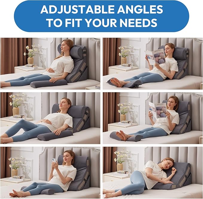 4PCS Orthopedic Bed Wedge Pillow Set for Sleeping, Sitting up in Bed, 6-in-1 Foam Wedge Pillow for Acid Reflux & Back Pain Relief, Post Surgery Pillows for GERD & Snoring, Plush Grey