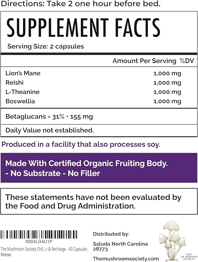 Chill Pill Supplement - Lion’s Mane, Reishi, L-Theanine, Boswellia & Beta-Glucans - Relax, Recover & Recharge - 60 Vegan Capsules