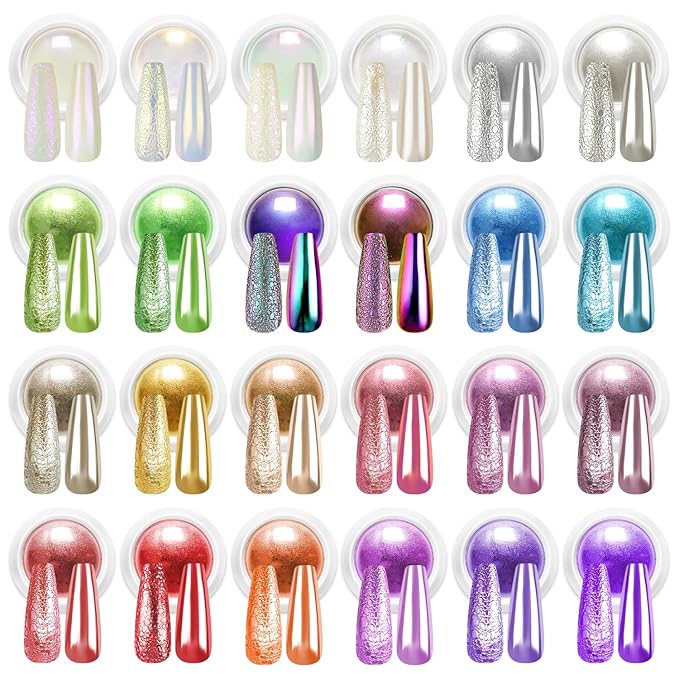 Chrome Nail Powder Set - Metallic Mirror Effect Holographic White Pearl Chrome Nail Powder for Gel Nails DIY Manicure Nail Art Decoration Gift for Women