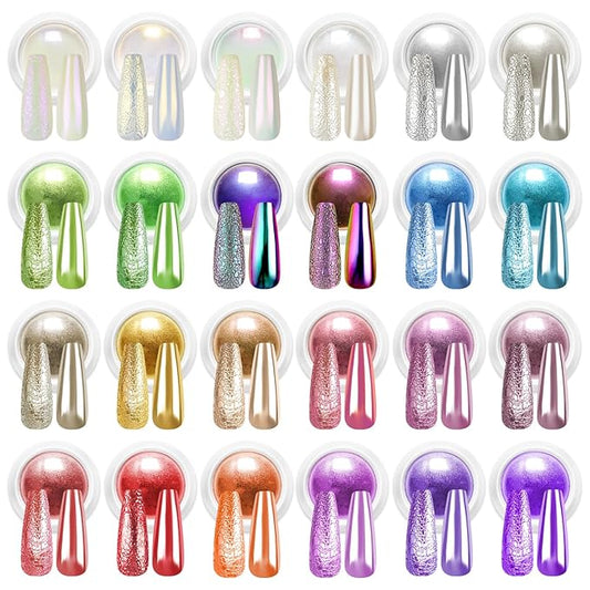 Chrome Nail Powder Set - Metallic Mirror Effect Holographic White Pearl Chrome Nail Powder for Gel Nails DIY Manicure Nail Art Decoration Gift for Women