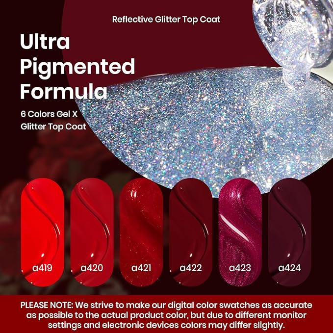 Beetles Red Gel Nail Polish Set with Top Coat, Winter Gel Polish 6 Colors Popular Shimmer Red Burgundy Nail Art Design Soak Off Uv LED Minicure DIY Home Gifts for Women