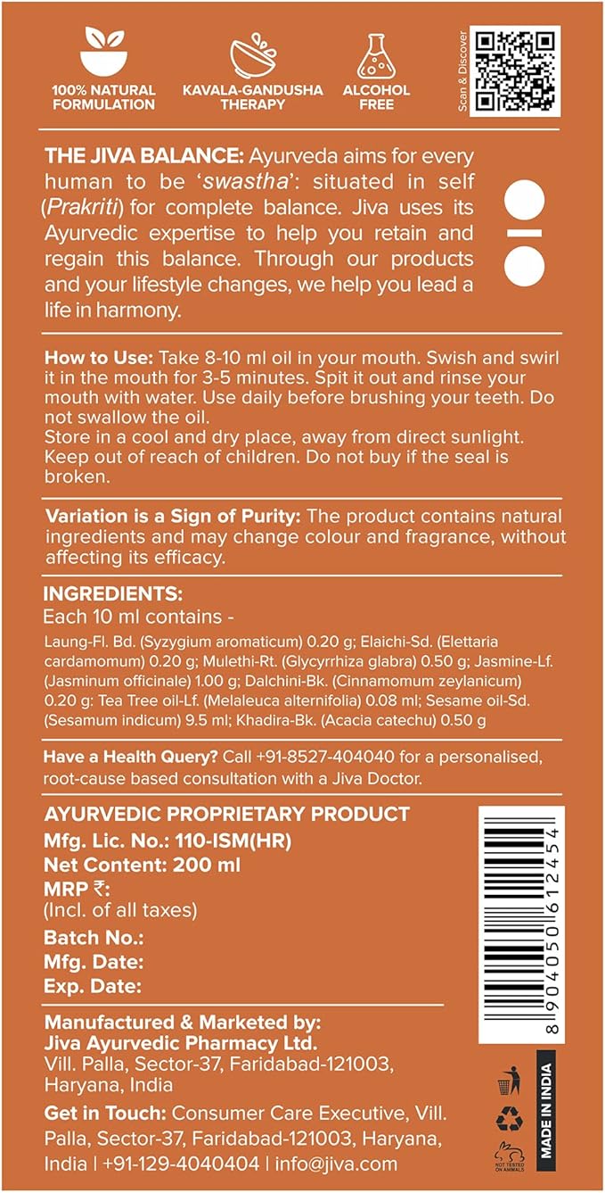 Jiva Oil Pulling 200ml | Ayurvedic Oil for Oil Pulling Deep Cleanses Mouth, Removes Toxins | Prevent Bad Breath, Alleviates Toothache & Sensitivity (Pack of 1)