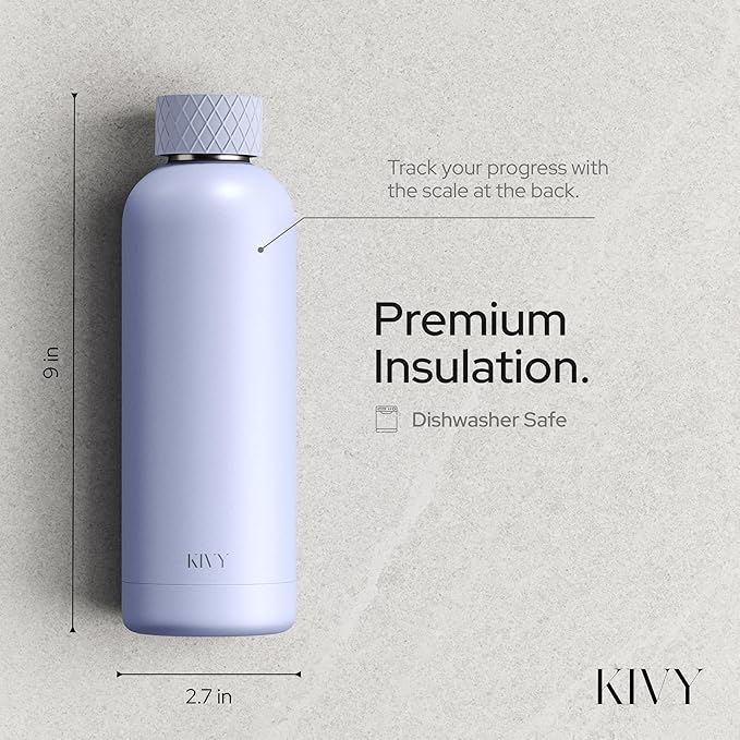 KIVY Stainless Steel Insulated Water Bottle 16oz | Leak Proof BPA-Free Metal Water Bottle - Slim water bottle no straw - Blue water bottle screw top