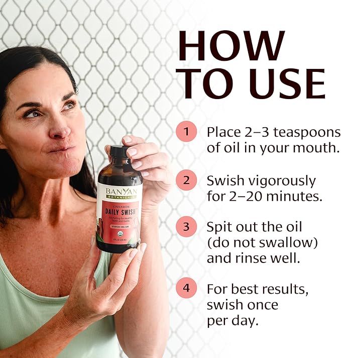 Banyan Botanicals Cinnamon Daily Swish – Organic Ayurvedic Pulling Oil with Coconut Oil – Mouthwash for Fresh Breath and Sparkling Oral Health* – 2 oz – Non GMO Sustainably Sourced Vegan
