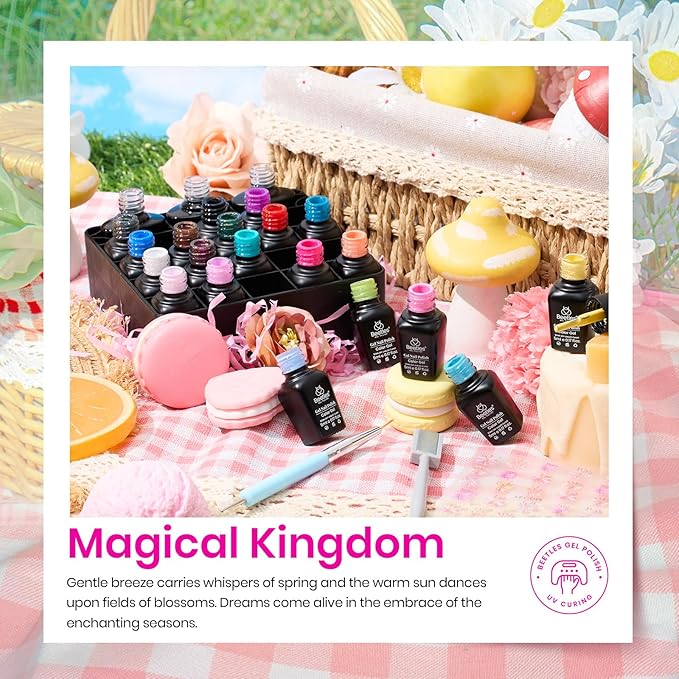 Beetles Gel Nail Polish Set - Magical Kingdom Cat Eye Gel Polish Kit, 20 Colors Bright Pink Blue White Black Green Purple Pastel, Soak Off LED UV with 3Pcs Base Top Coat Holiday Nail Gifts for Women